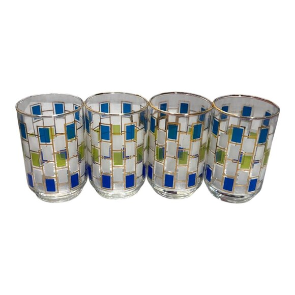 Set Of 4 Vintage Geometric Glass Tumblers Juice Cups Gold Rim Blue Green Nordic - Picture 1 of 6